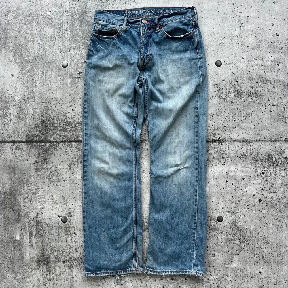 Y2K American Eagle Jeans Men 29x32 Blue Distressed Thrashed Denim Bootcut Skate